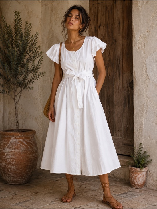 Dresses & Skirts - #293 New! Cotton White Button-Front Tie-Waist Midi Dress
